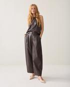 Summum Chocolate Brown Faux Leather Barrel Pants With Waist Pleats