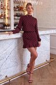 Burgundy Polka Dot Print High Neck Long Sleeve Mini Dress image