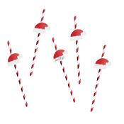 Red &amp; White Striped Paper Straws with Santa Hat Drink Markers 16 Pack image