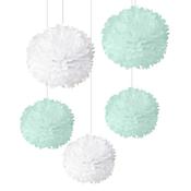 Mint &amp; White Pom Poms - Pack of 5 image