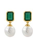 Burren - Emerald Isle Green Emerald-Cut CZ &amp; Freshwater Pearl Drop Earrings