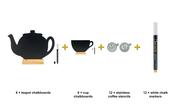 Coffee Corner Kitchen Set - Teapot &amp; Cup Chalkboards on Wooden Bases + Coffee Stencils + White Chalk Markers image