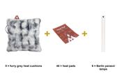 Cosy Garden Evenings Set - 5 Furry Grey Heat Pad Cushions + 48 Heat Pads + 6 Berlin Parasol Lamps image