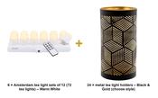 Securit Christmas Candlelight Set - 72 Rechargeable LED Tea Lights + 24 Black &amp; Gold Holders image