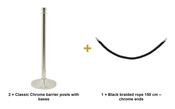 Securit Entrance Barrier Set - Classic Chrome - 2 Posts &amp; Bases + Black Braided Rope image