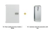 Securit Front-of-House Set - Leather Raw A4 White - 10 Menu Holders + 10 Stainless Steel Bill Presenters