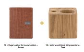 Securit Front-of-House Set - Leather Ruga A4 Brown - 10 Menu Holders + 10 Teak Block Bill Presenters image