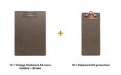 Securit Front-of-House Set - Vintage Clipboard A4 Brown - 10 Menu Holders + 10 Bill Presenters