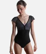 Short Sleeve Ballet Leotard with Pinched V Back - DAFNE GL Nero image