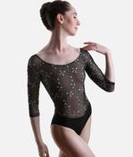 Black Long Sleeve Ballet Leotard with Embroidered Sleeves - TACITA DI Nero image