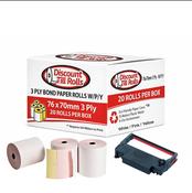 76x70mm 3 Ply Kitchen Printer Rolls | White/Pink/Yellow Bond Paper | 20 Box