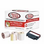76x70mm 2 Ply Kitchen Docket Rolls | White/Yellow Bond Paper | 20 Roll Box