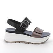 Igi&amp;Co | Lów 4.4cm Wedge Leather Sandals with Double Velcro Strap in Black &amp; Bronze | 7677622