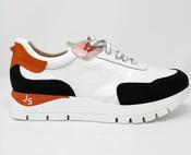 Jose Saenz | Low Wedge Lace Up Leather &amp; Suede Trainers in White with Navy &amp; Orange Contrast | 2287