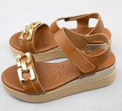 Oh My Sandals 5419 | Low Wedge Velcro Sandals in Cognac with Chain Detail image