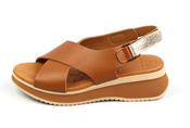 Oh My Sandals | Low Wedge Cross Strap Velcro Sandals in Tan | 5661