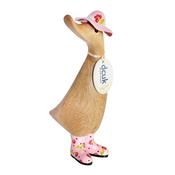 dcuk The Duck Company :Floral Wooden Duckling with Pink Hat and Welly Boots (D3FH) - Duiske Glass Kilkenny