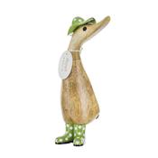 dcuk |The Duck Company Natural Welly Duckling – Green Spotty Hat and Welly Boots (D3SH)| Natural Wooden Duck - Duiske Glass Kilkenny