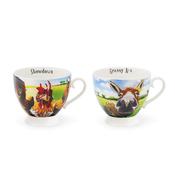 Cappuccino Cups |Eoin O'Connor Beyond the Herd Set 2 Cappuccino Mugs Hens &amp; Donkey (169302) - Duiske Glass Kilkenny image