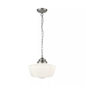 School House Pendant - Satin Silver Metal &amp; Opal Glass