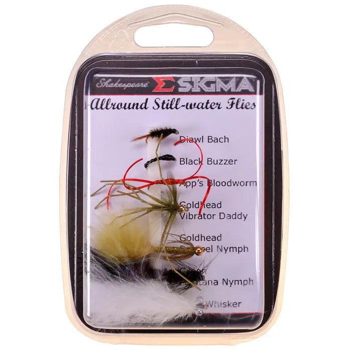 Shakespeare Sigma Allround Stillwater Fly Selections - Diawl Bach, Black Buzzer, App's Bloodworm, Goldhead Vibrator Daddy, Goldhead Damsel Nymph, Cats Whisker