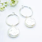 Huggie Hoop Earrings with Pearl Drop - Silver image