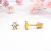 Gold Flower Studs with Amethyst CZ's - Elegant Jewelry image