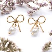 Hypoallergenic Gold Wire Bow With Pearl Drop Earrings image