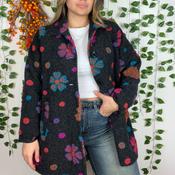 Charcol Wool Coat with Multicolor Floral Pattern