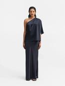 AHLVAR GALLERY HANA LONG LOGO SATIN SKIRT IN BLUE GREY