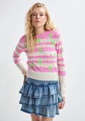 Essentiel Antwerp Jivine Light Pink &amp;amp; Pink Striped Intarsia-Knitted Sweater with Green Flower Embroidery image