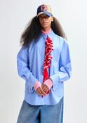 Essentiel Antwerp Juf Blue &amp;amp; White Pinstripe Cotton Shirt with Red Ribbon Detail image
