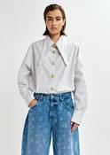 Essentiel Antwerp Jomato Off-White, Black &amp;amp; Light Blue Striped Cotton shirt with Elongated Collar &amp;amp; Mismatched Buttons image