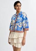 Essentiel Antwerp Joly Blue &amp;amp; Off-White Floral-Print Knit Cardigan with Brown Contrasting Trims image