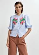 Essentiel Antwerp Jaiden Light Blue &amp;amp; Multicolor Floral Sequin &amp;amp; Bead-Embellished Shirt with Voluminous Sleeves image