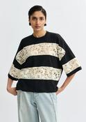 Essentiel Antwerp Jemix Black &amp;amp; White Organic Cotton Striped Lace Insert T-Shirt image