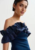 Essentiel Antwerp Jaqua Dark Blue Off-Shoulder Knit Top with Ruffle Trim image