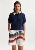 Essentiel Antwerp Jember Dark Blue Fine Knit Polo Top with White &amp;amp; Yellow Floral Embellished Collar image