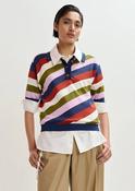 Essentiel Antwerp Jollow Navy &amp;amp; Multicolor Striped Knit Polo with Constrasting Buttons image