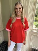 Essentiel Antwerp Jefinitely Red Slightly Longer Knit T-shirt with Pink Contrasting Trim image