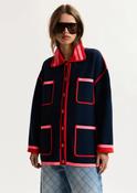 Essentiel Antwerp Kokorico Navy, Red &amp;amp; Pink Fine Knit Cardigan with Lace-Trimmed Collar &amp;amp; Strawberry-Shaped Buttons