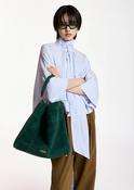 Essentiel Antwerp KEFIR Light Blue &amp;amp; White Striped Pussy-Bow top with Trumpet Sleeves