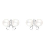Sterling Silver CZ and White Pearl Bow Stud Earrings