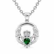 Sterling Silver Emerald CZ Claddagh Pendant