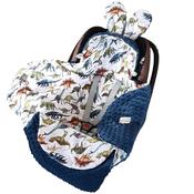 Car Seat Swaddle Blanket Dinosaurs Story and Cozy Navy Fleece in