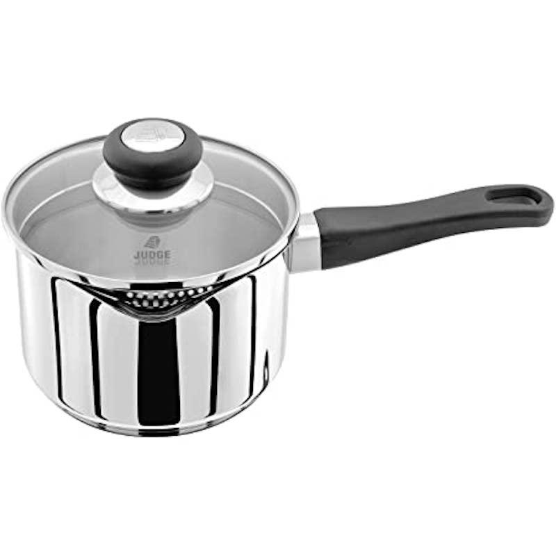 Judge Vista 16cm Draining Non-Stick Saucepan with Glass Lid and Stay Cool Handle - Suitable for All Hobs & Oven Safe to 180°C
