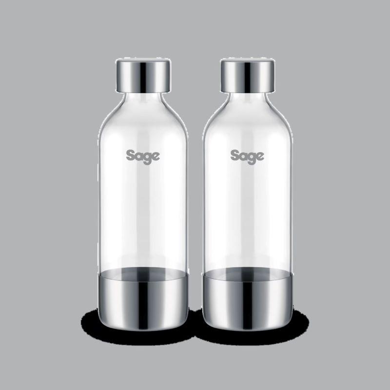 Sage The InFizz 1L Carbonating Bottles 2 Pack BPA-Free Clear Glass Silver Base Cap Logo