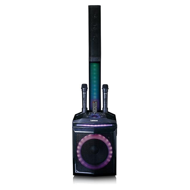 Lenco Bluetooth Party Speaker with Wireless Microphones, Subwoofer, Detachable Tweeter Column, FM Radio, USB, Black