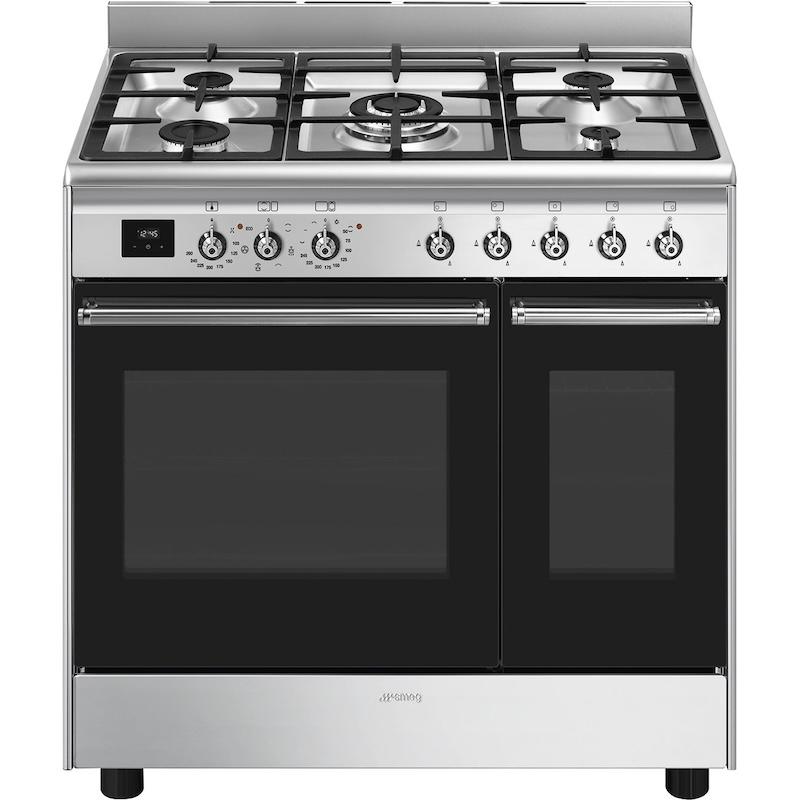 Smeg Range Cooker Dual Fuel 90x60cm Stainless Steel Gas Hob Electric Ovens