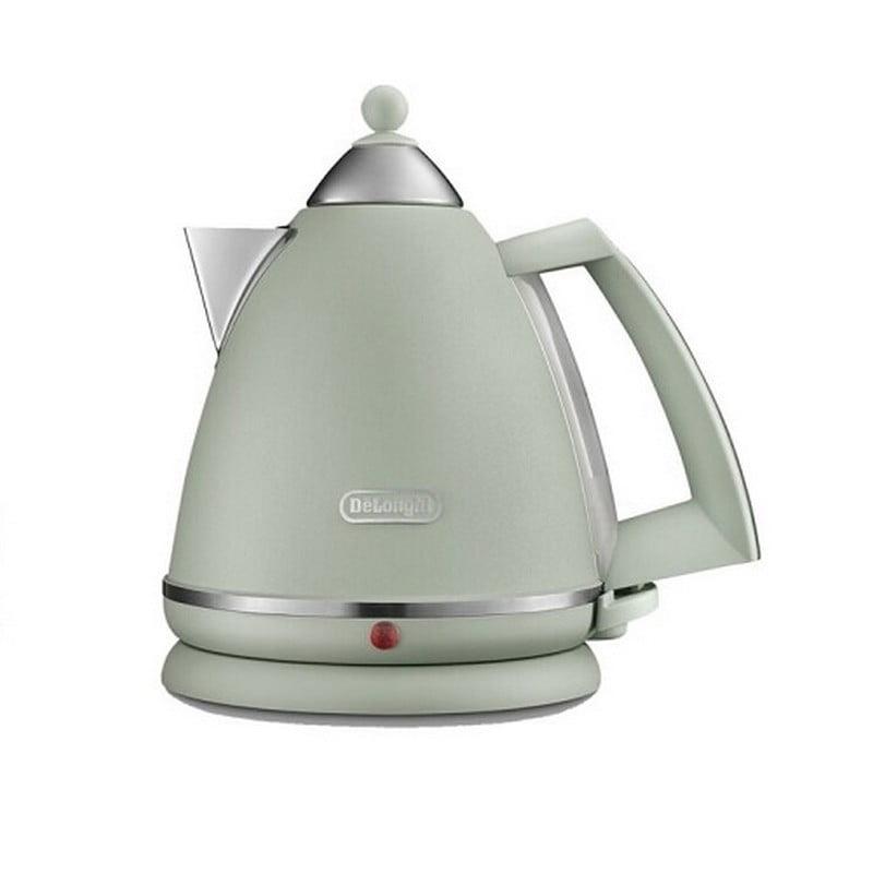 DeLonghi Argento Kettle - Flora Green, 1.7 Litres, 3 kW, Silver, Green, Handle, Base, Spout, Button